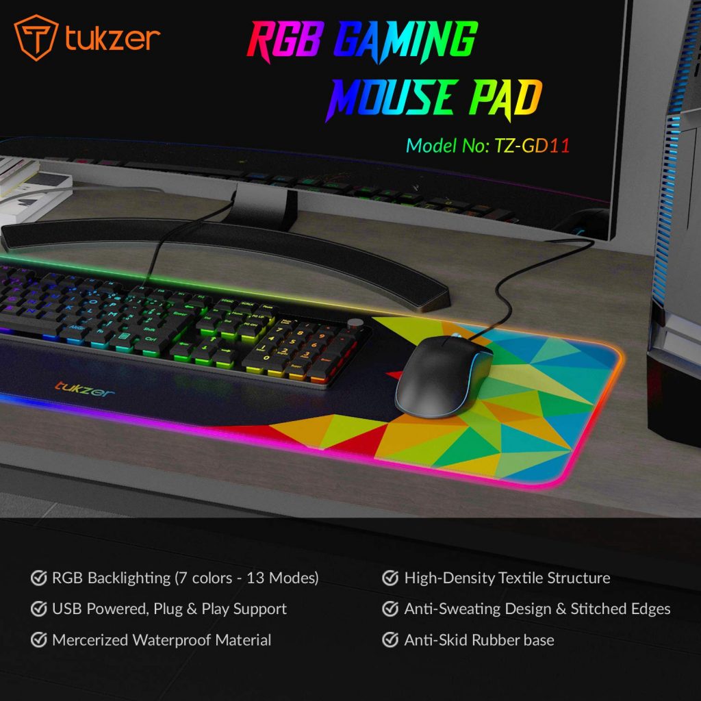 Tukzer RGB Gaming Mouse Pad, Large Extended Soft Led Mouse Pad with 13